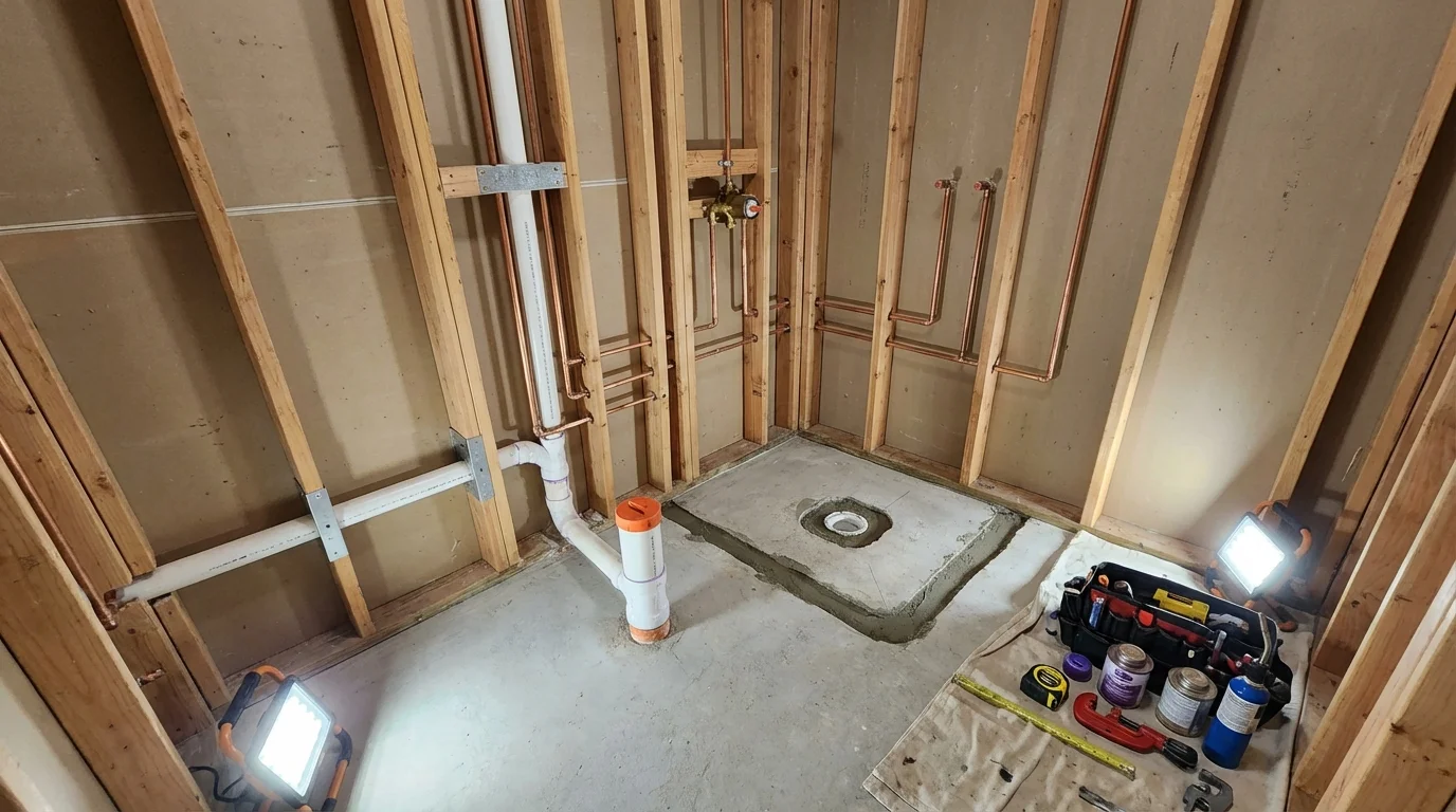 Bathroom rough-in plumbing during remodel by Johns Plumbing LLC in Ferndale