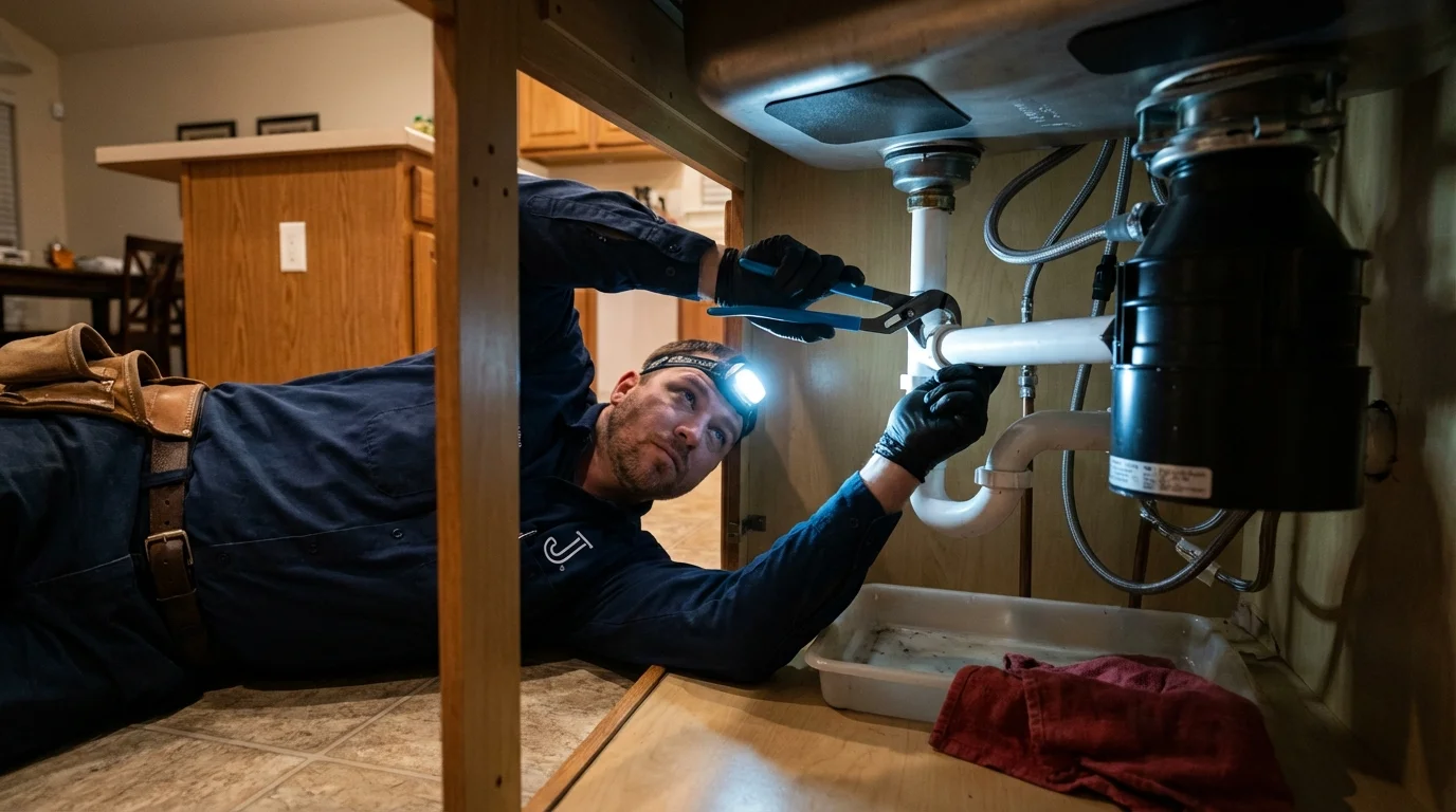 P-trap and supply line connections under a kitchen sink showing a common leak point in Ferndale, CA